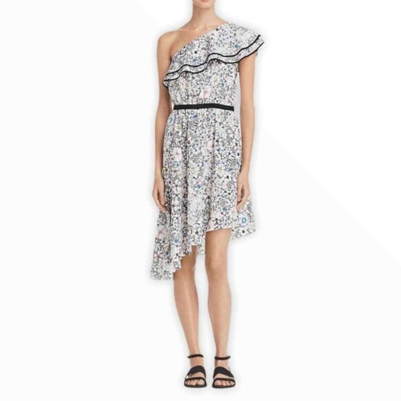 Likely Contour Daisy Delbarton Floral Asymmetrical Ruffle One Shoulder Dress 0 - Picture 1 of 13